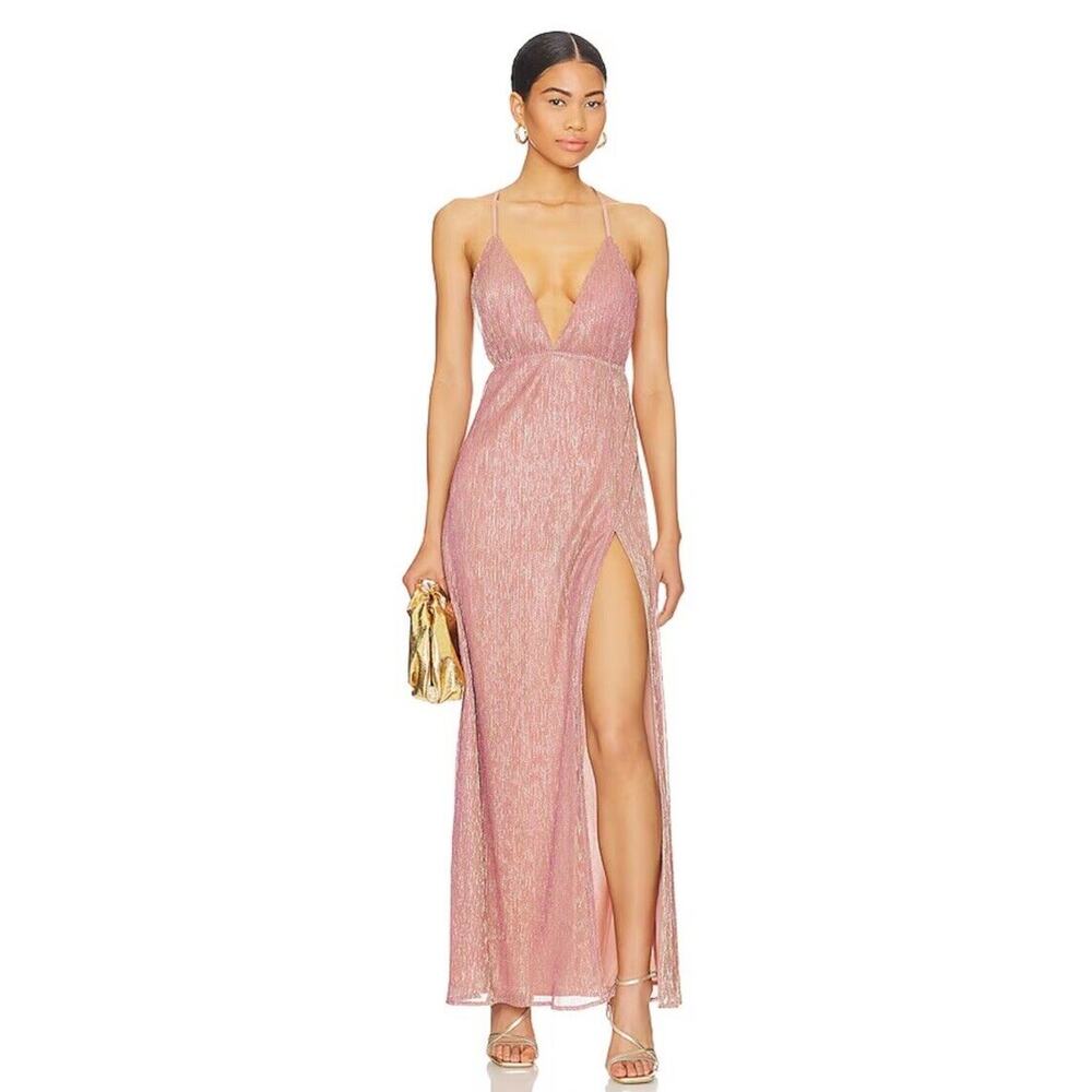 Superdown Hailee Maxi Dress Pink High Slit Plunge Cross Strap Back Sz S
